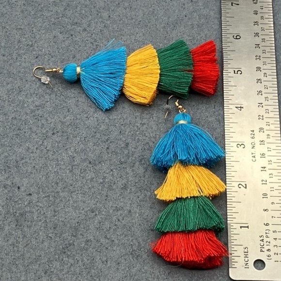 Dangle Pierced Earrings Tassel Multicolor Long Blue Yellow Green Red Retro BoHo - Picture 4 of 5